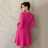 Women Dress Autumn and Winter V-neck Puff Sleeve Mini Dress