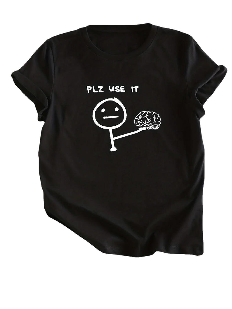 Letter & Stick Figure Print Crew Neck T-Shirt, Casual Short