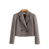Women Suits Double Breasted Plaid Coat Spring Lapel Long Sleeve Short Top