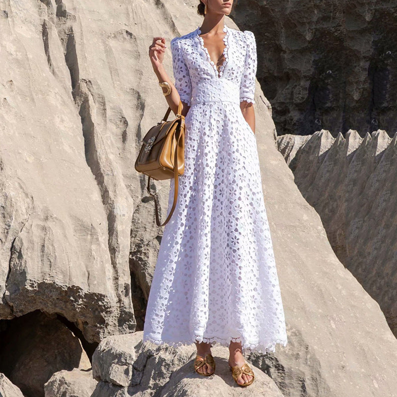 Women Dresses Vintage Spring V-neck Crocheted Hollow-out Long Dress (Qymy0409)