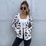 Women Knitted Sweater Coat Autumn Leopard Print V-neck