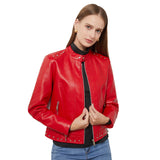 Red Leather Jacket Rivet Leather Clothing with Stand Collar