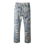 Men Jeans Tie-Dyed Straight Jeans Vintage Distressed Washed Loose Wide Leg Casual Trousers