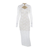 Women Dresses Hollow-out Stand Collar Long Sleeve Lace Dress