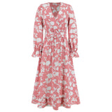 Women Date Dress Floral Dress Autumn and Winter V-neck A- line Skirt