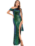 Women's Evening Gown Sexy Backless One-Shoulder Ribbon Sequins Dress Evening Dress