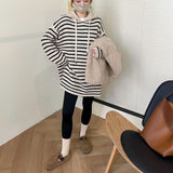 Women Knitted Pullover Fall Winter Hooded Striped Knitwear Loose Casual Top