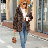 Women Trench Coat Autumn and Winter Hooded Long Sleeve Loose Pockets Mid-Length Cardigan Fluffy Leopard Coat
