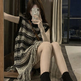 Women Knitwear Summer Stripes Hollow out Sleeveless Knitwear Loose-Fitting Tassel Top