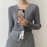 Women Cardigan Sweater V-neck Knitted off-Shoulder Short Long Sleeve Cardigan Spring and Autumn Top 8t8120