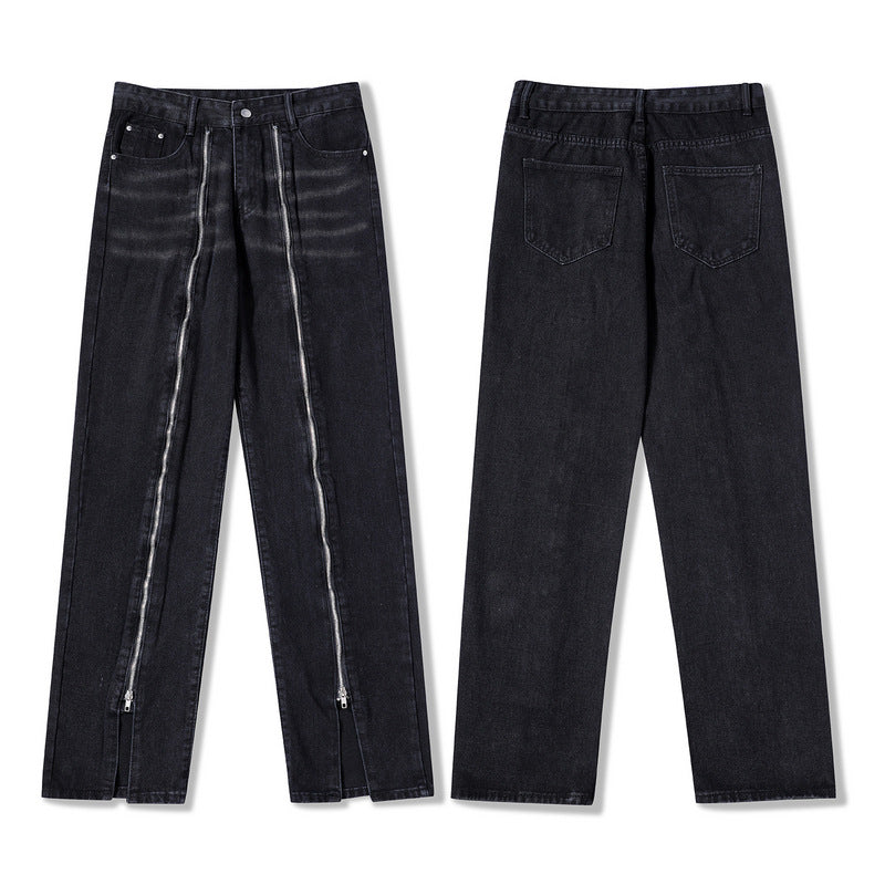 Men Jeans Vintage Zipper Adjustable Men and Women Straight-Leg Trousers