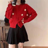 Women Knitwear Autumn and Winter Flower round Neck Sweater Loose Knitted Cardigan