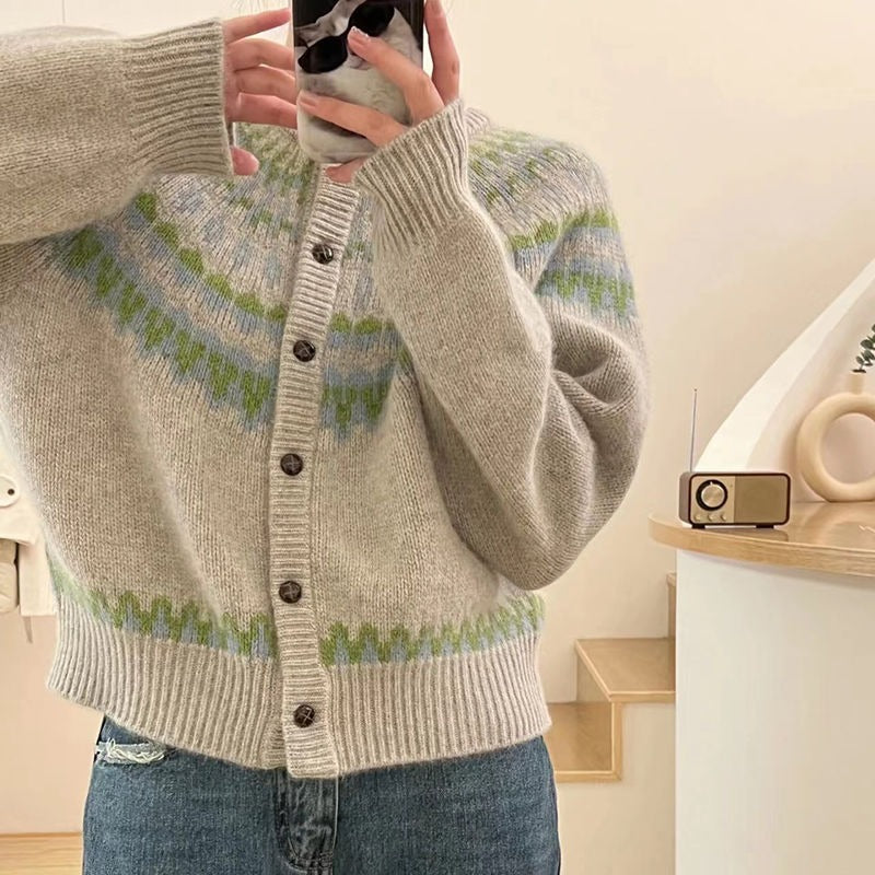 Women Knitted Cardigan Vintage Stripe Gray Sweater Autumn Crew Neck Cardigan