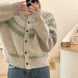 Women Knitted Cardigan Vintage Stripe Gray Sweater Autumn Crew Neck Cardigan