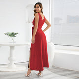 Women Date Dress Sexy Sleeveless V-neck Slit Slim Fit Long Dress