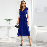 Women Date Dress Summer V-neck Pleated Sleeveless Waist Dress