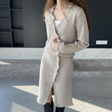 Women Knitted Two-Piece Set Spring Suit V-neck Top and Skirt 8t8221