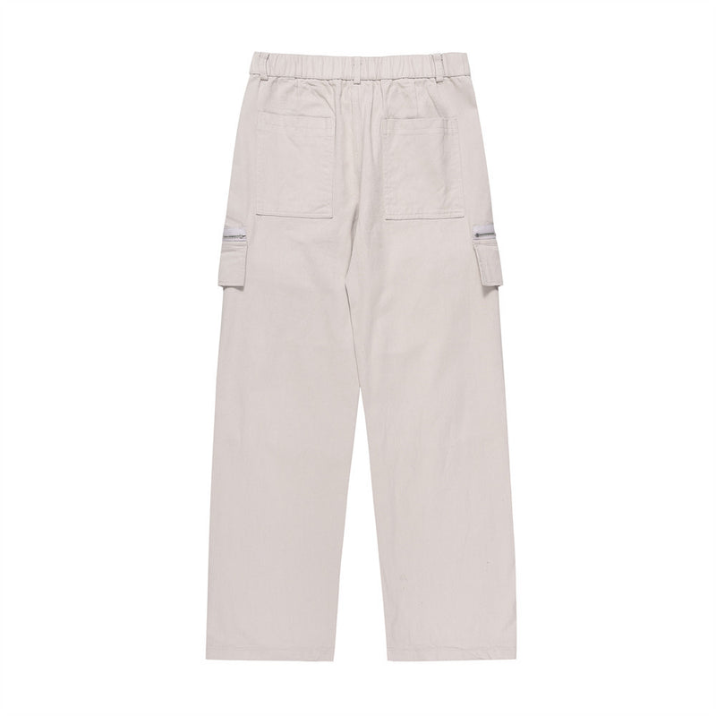 Men Sweatpants Zipper Workwear with Pocket Casual Trousers Solid Color Pleated Straight-Leg Pants