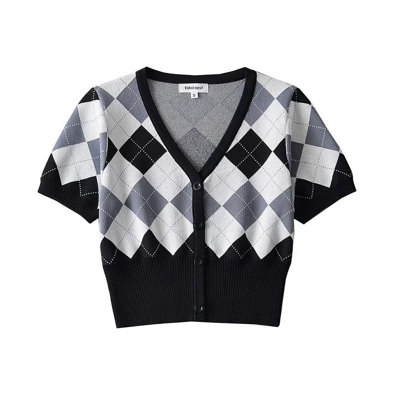 Women Sweater Knitwear V-neck Tight Waist Diamond Plaid Knitted Cardigan Single-Breasted Short Sleeve Top