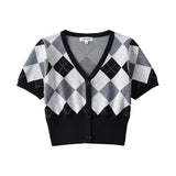 Women Sweater Knitwear V-neck Tight Waist Diamond Plaid Knitted Cardigan Single-Breasted Short Sleeve Top
