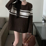 Women Knitted Pullover Striped Loose Sweater Autumn Winter Retro Knitwear Coat