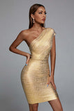 Women Evening Dress Bronzing Dress Bandage Sexy Backless One-Shoulder Hip Skirt