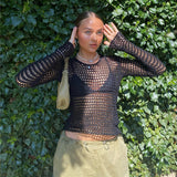 Women Knit Top Knitwear Beach Cover-up Sexy Backless Hollow out Sun Protection Shirt Knitted T-shirt