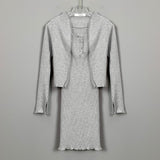 Women Dresses Square Collar Vest Camisole Cardigan Jacket Long-Sleeved V-neck Dress