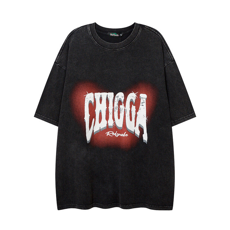 Men T Shirt Hip Hop Letter Graffiti Washed and Worn Short Sleeve T-shirt Men and Women Oversize