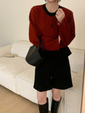 Women Knitted Cardigan Retro Short Knitted Cardigan Loose Color Matching round Neck Sweater Coat
