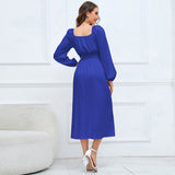 Women Date Dress Slim-Fit Long Sleeve V-neck Lace-up A- line Dress Lantern Sleeve Dress