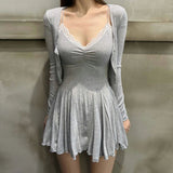 Women Dresses Lace V-neck Brace Dress Short Skirt Cardigan Long Sleeve Coat