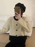 Women Knitted Cardigan Retro Short Knitted Cardigan Loose Color Matching round Neck Sweater Coat