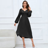 Women Date Dress Slim-Fit Long Sleeve V-neck Lace-up A- line Dress Lantern Sleeve Dress