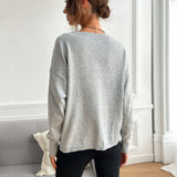 Women Knitted Sweater Fall Gray V-neck Loose Pullover Five-Pointed Star Sweater