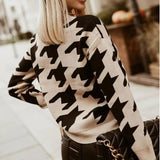 Women Knitted Sweater Autumn and Winter Houndstooth Knitted Sweater Women's round Neck Sweater Top