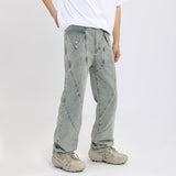 Men Jeans Straight-Leg Denim Trousers Washed and Worn Jeans