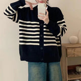 Women Knitwear Autumn and Winter Stripes V-neck Sweater Coat Loose Knitted Cardigan