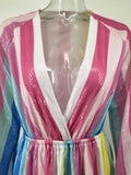 Women's Evening Gown Sexy Loose-Fitting V-neck Long Sleeves Striped Sequined Jumpsuit