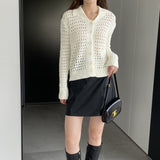 Women Cardigan Sweater Hollow out Sweater Cardigan Polo Collar Top Coat X3009