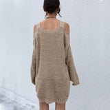 Women Knitted Sweater Spring and Autumn Hollow out Shoulder-Baring Long Sleeve Pullover Woolen Skirt
