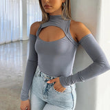 Women Jumpsuit Hollow out Autumn and Winter Turtleneck Long Sleeve Backless off-Shoulder Top