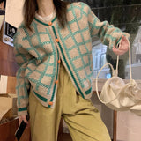 Women Knitted Cardigan Plaid Sweater Women's Loose Sweater Cardigan Coat