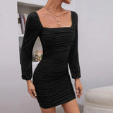 Women Dress Sexy Square-Neck Knitted Long Sleeve Sexy Sheath Dress