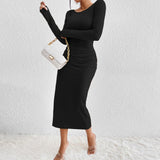Women Dress Autumn Winter Sexy Backless Crew Neck Long Sleeve Narrow Dress