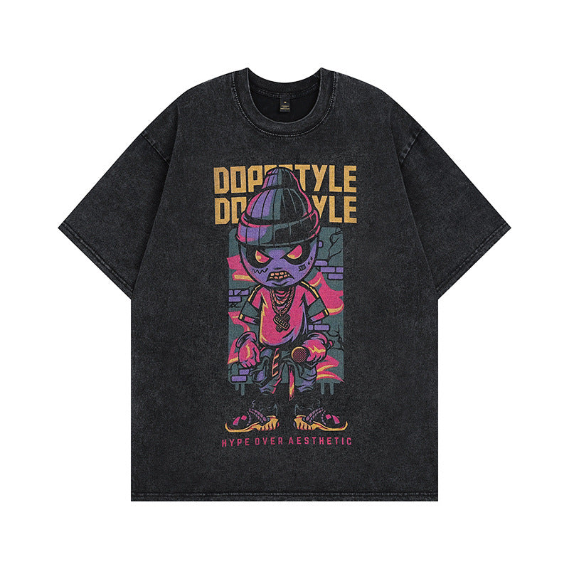 Men T Shirt Summer Cartoon Cotton Distressed Half Sleeve T-shirt