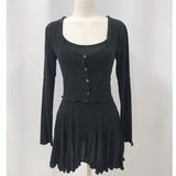 Women Dresses Sling Dress Cardigan Button Jacket Long-Sleeved Skirt