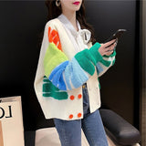 Women Knitted Cardigan Colorful Towel Embroidery Sweater Cardigan Autumn Loose Knitted Coat