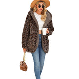 Women Trench Coat Autumn and Winter Hooded Long Sleeve Loose Pockets Mid-Length Cardigan Fluffy Leopard Coat