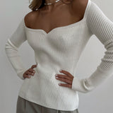 Ladies Leisure Knitwear Long Sleeve Square-Neck Skinny Knit Sweater